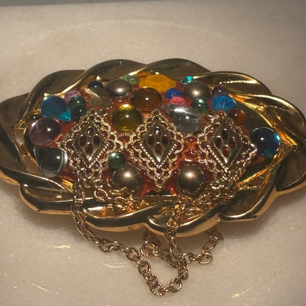 Vintage Belt Buckle Womens Multi-Color Cabochon Filigree Chain Ornate